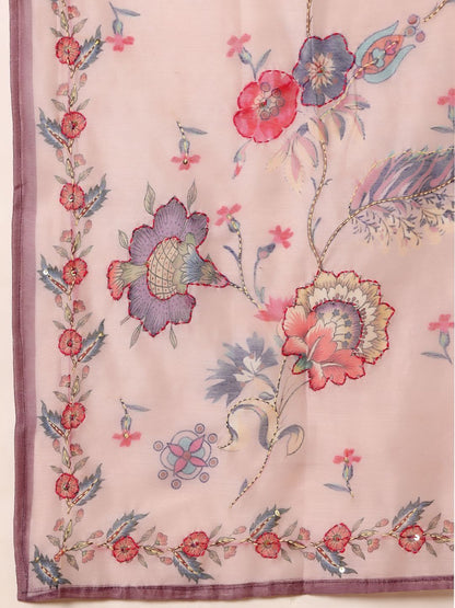 Peach Women Floral Embroidered Regular Chanderi Silk Kurta with Trousers & With Dupatta