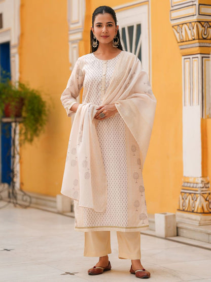 Dhiyona RR Women's Ethnic Motifs Printed Regular Chanderi Cotton Straight Kurta Set