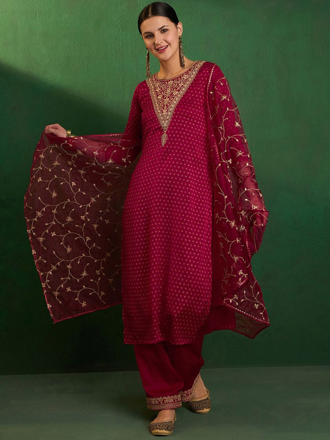 Dhiyona SN Bandhani Printed Round Neck Thread Work Satin Kurta With Palazzo & Dupatta