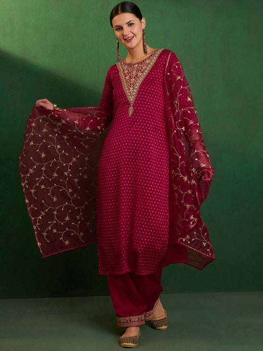Dhiyona SN Bandhani Printed Round Neck Thread Work Satin Kurta With Palazzo & Dupatta