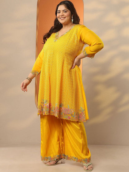 Dhiyona Women's Embroidered Thread Work Plus Size A-Line Kurta With Palazzos & Dupatta