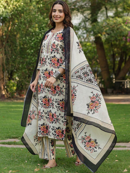 Dhiyona RR Women's Floral Printed Regular Pure Cotton Kurta with Trousers & With Dupatta