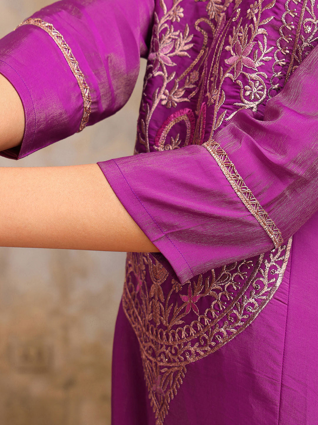 Embroidered Round Neck Kurta With Trousers & Dupatta