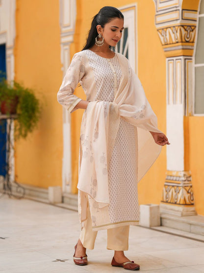 Dhiyona RR Women's Ethnic Motifs Printed Regular Chanderi Cotton Straight Kurta Set