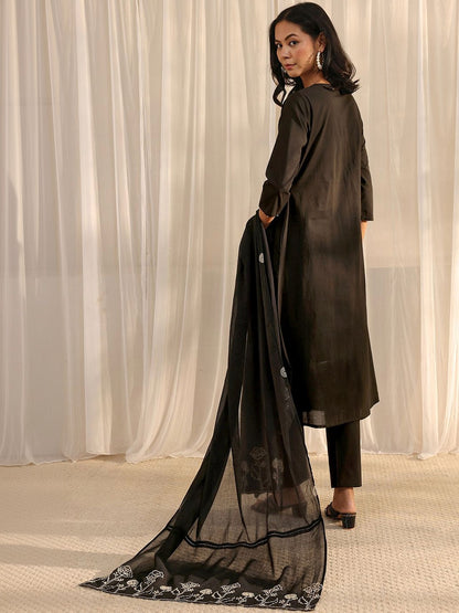 Black Solid Cotton A-Line Suit Set with Dupatta