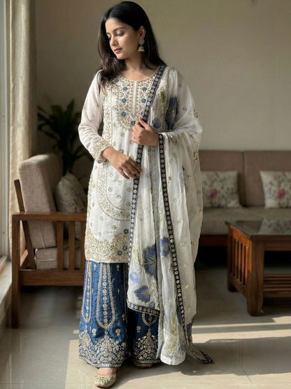 Dhiyona KL Women Ethnic Motifs Embroidered Regular Sequinned Kurta with Sharara & With Dupatta