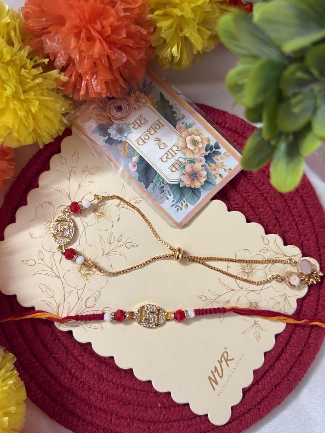 Dhiyona Set Of 2 Artificial Stones & Beads Swastik Bhaiya Bhabhi Rakhi With Roli Chawal