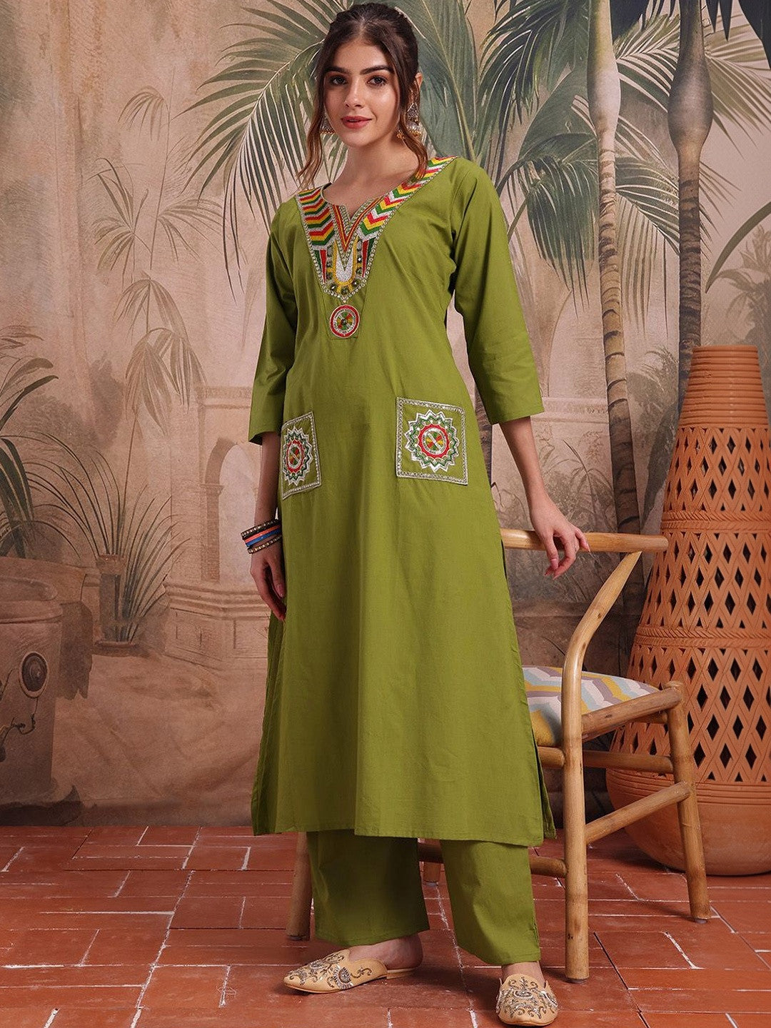 Embroidered Cotton Round Neck Kurta & Trousers