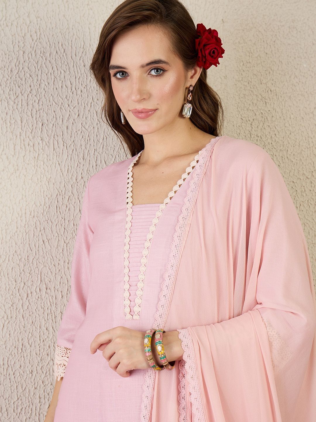 Women Floral Printed Linen Kurta with Trousers & Dupatta