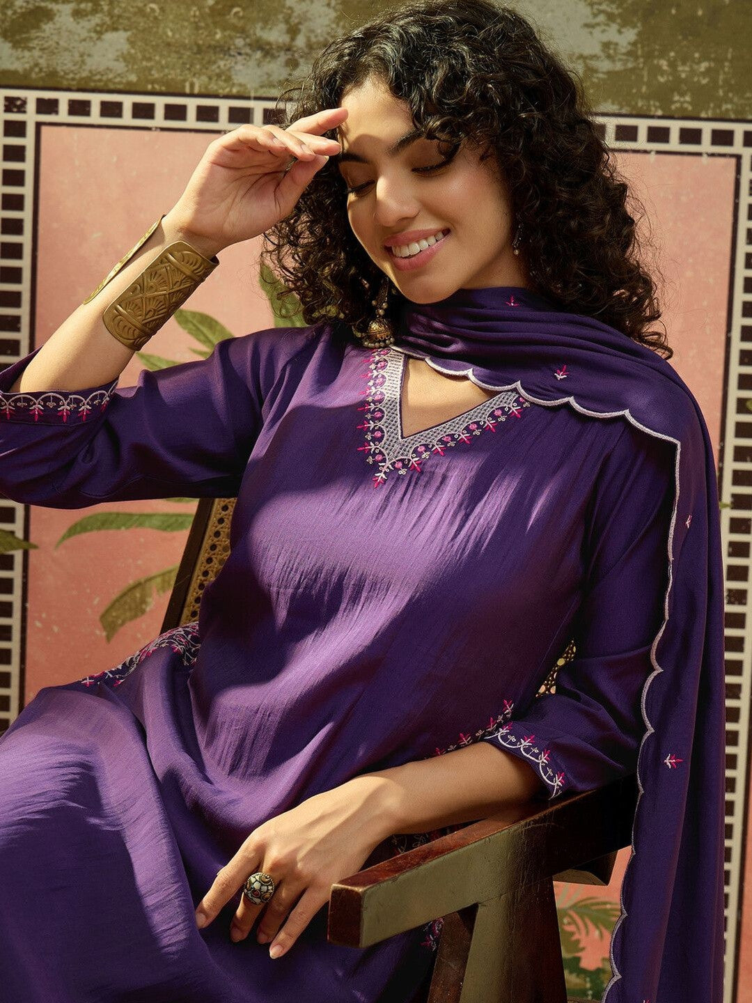 Embroidered V Neck Kurta Sets