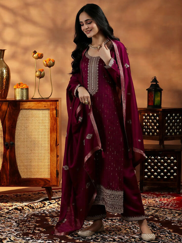 Women's LB Maroon Embroidered Silk Blend Straight Suit With Dupatta