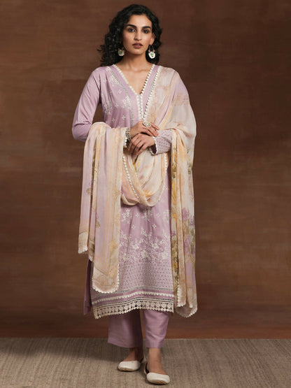 Women's LB Lilac Embroidered Silk Blend Straight Suit With Dupatta