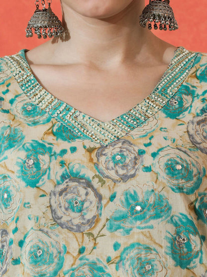 Floral Embroidered Pure Cotton Straight Kurta & Trousers With Dupatta