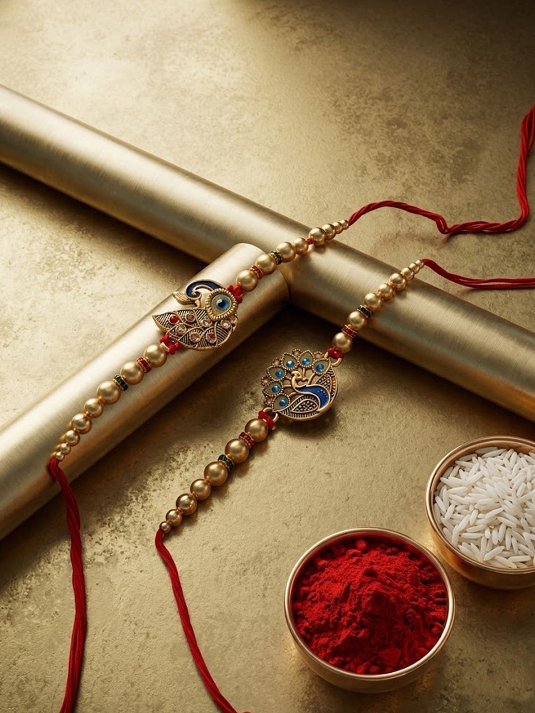 Dhiyona Set Of 2 Peacock & Ghungroo Design Multicolor Thread Rakhi With Roli Chawal Chandan