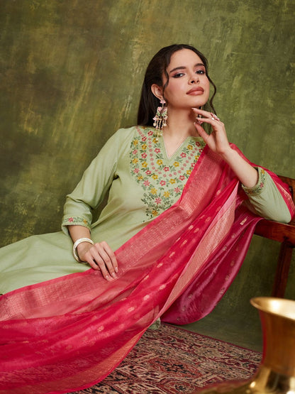 Embroidered Notched Neck Kurta & Sharara With Dupatta