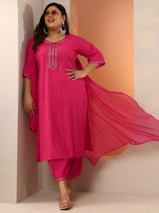 Dhiyona Women's Plus Size Embroidered Sequinned Straight Kurta With Trouser & Dupatta