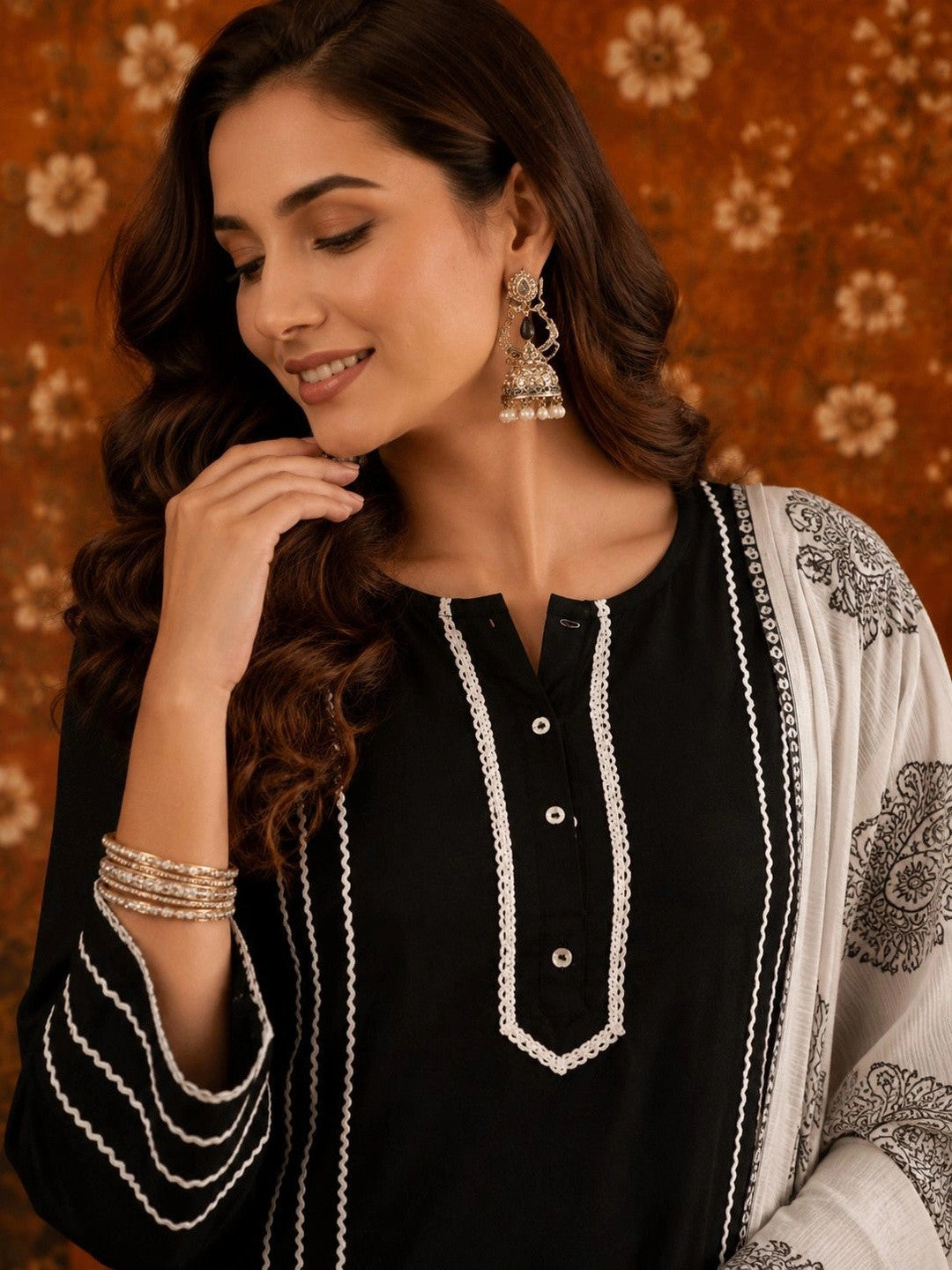 Striped Round Neck Straight Kurta With Palazzos & Dupatta