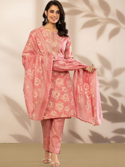 Women Floral Printed Regular Thread Work Pure Cotton Kurta with Trousers & With Dupatta