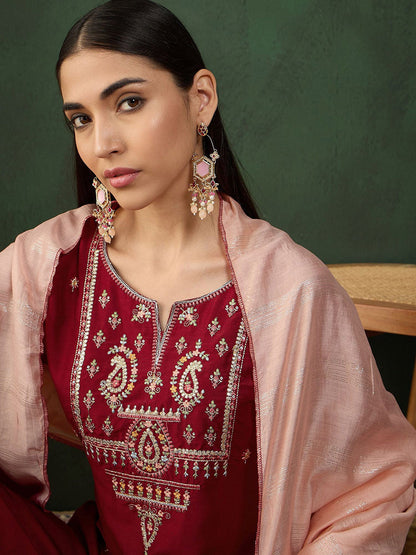 Floral Embroidered Sequinned Kurta with Trousers & Dupatta