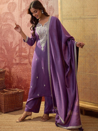 Embroidered Sweetheart Neck Kurta & Palazzos With Dupatta