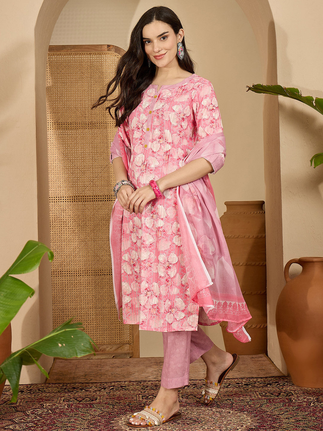 Women Floral Printed Regular Pure Cotton Kurta & Trouser With Dupatta