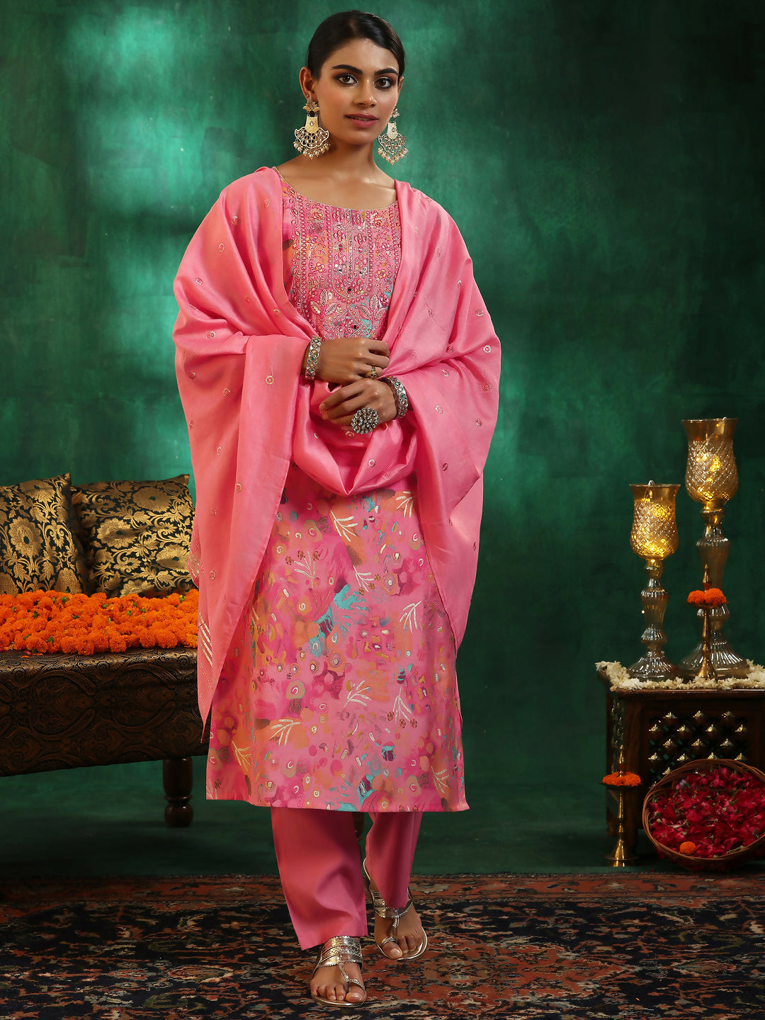 Women's LB Pink Printed Silk blend Straight Suit With Dupatta