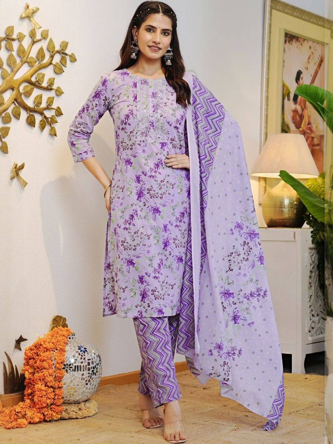 Dhiyona KL Floral Printed Regular Sequinned Pure Cotton Kurta With Trousers & Dupatta