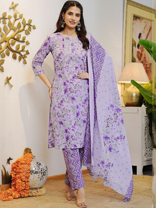 Dhiyona KL Floral Printed Regular Sequinned Pure Cotton Kurta With Trousers & Dupatta