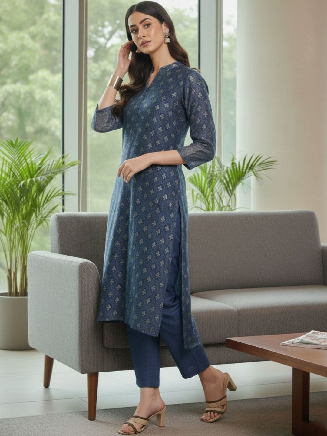 Navy Blue Women Floral Printed Regular Chanderi Silk Kurta with Trousers & With Dupatta