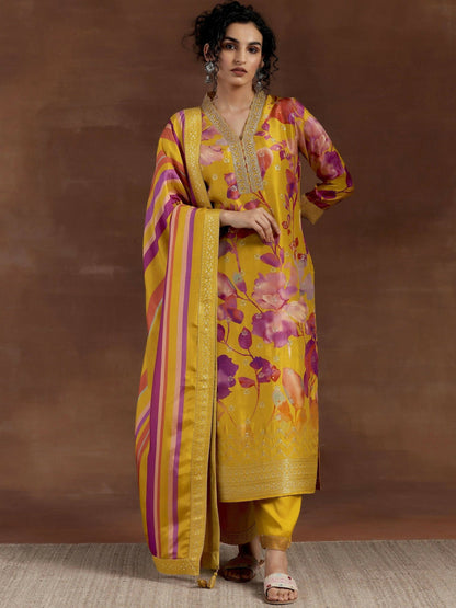 Women's LB Mustard Printed Silk Blend Straight Suit With Dupatta