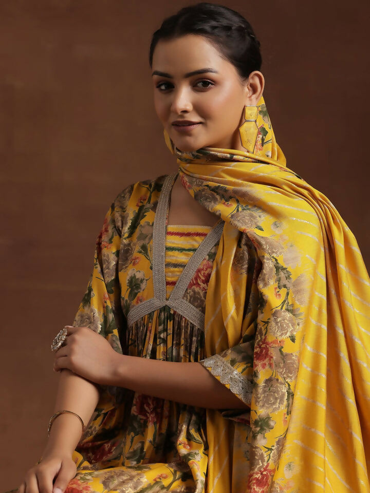 Women's LB Yellow Printed Silk Blend A-Line Kurta With Trousers & Dupatta