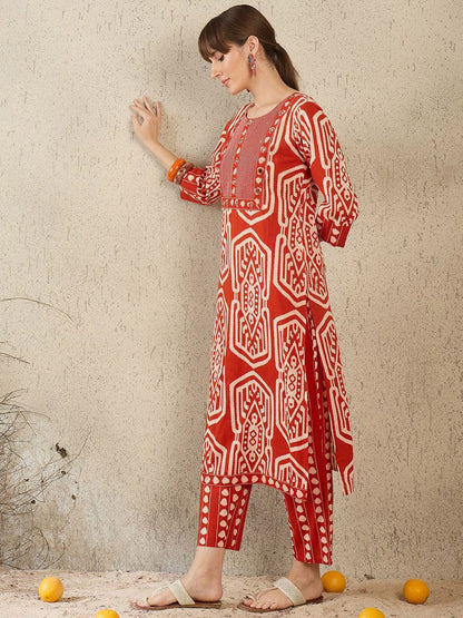 Dhiyona IE Women Printed Round Neck Cotton Top and Trousers Co-Ords