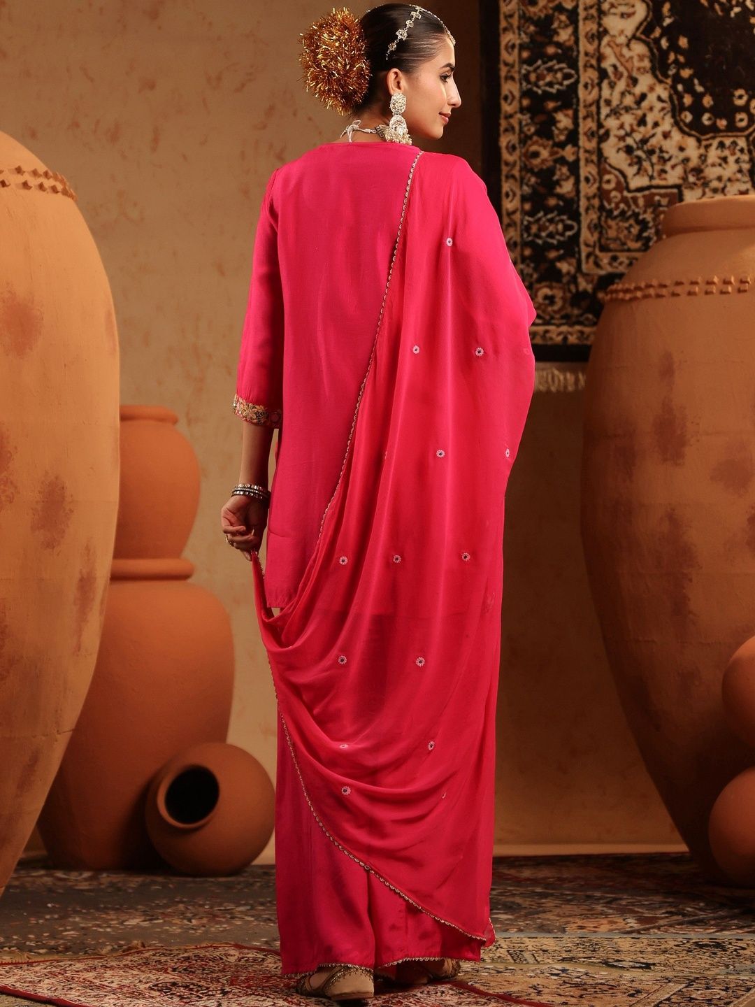 Dhiyona SC Women Fuchsia Silk Embroidered-Handwork Sharara Set