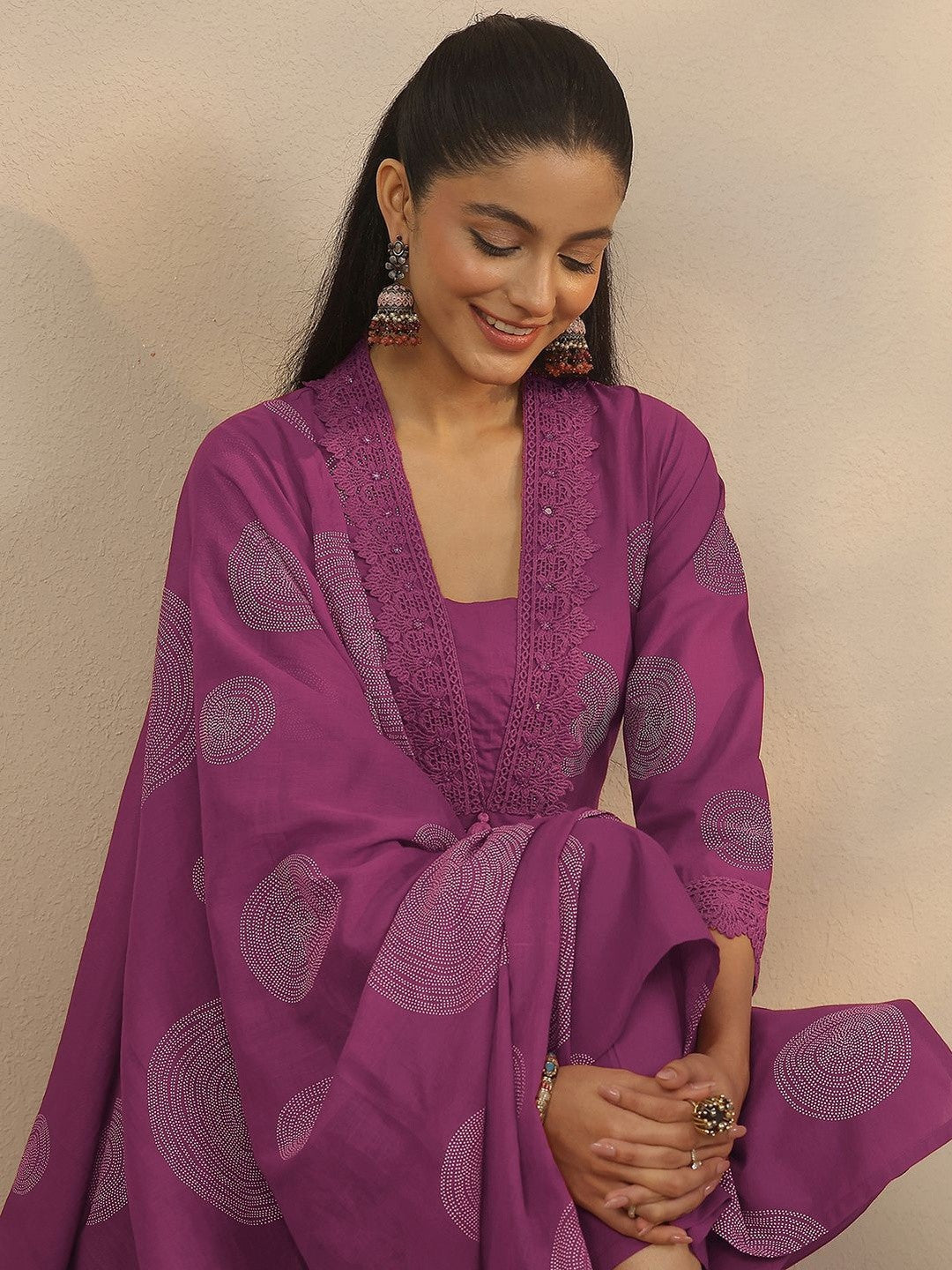 Women Printed Regular Thread Work Kurta with Trousers & With Dupatta