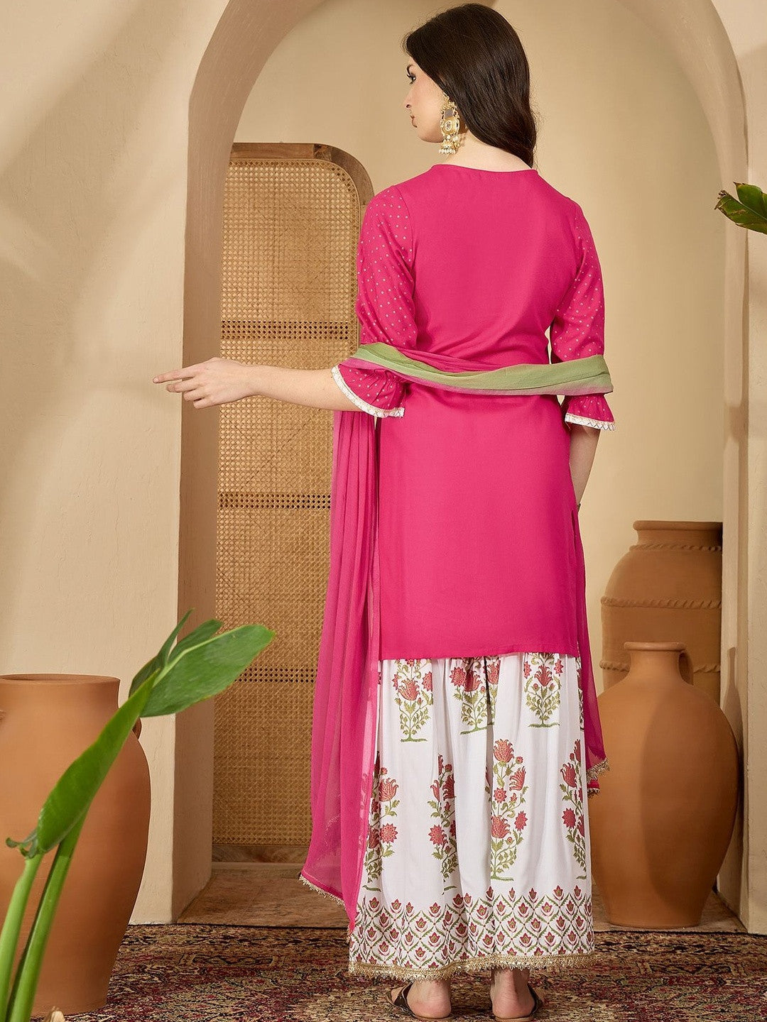 Polka Dots Printed Bell Sleeves Straight Kurta With Sharara & Dupatta