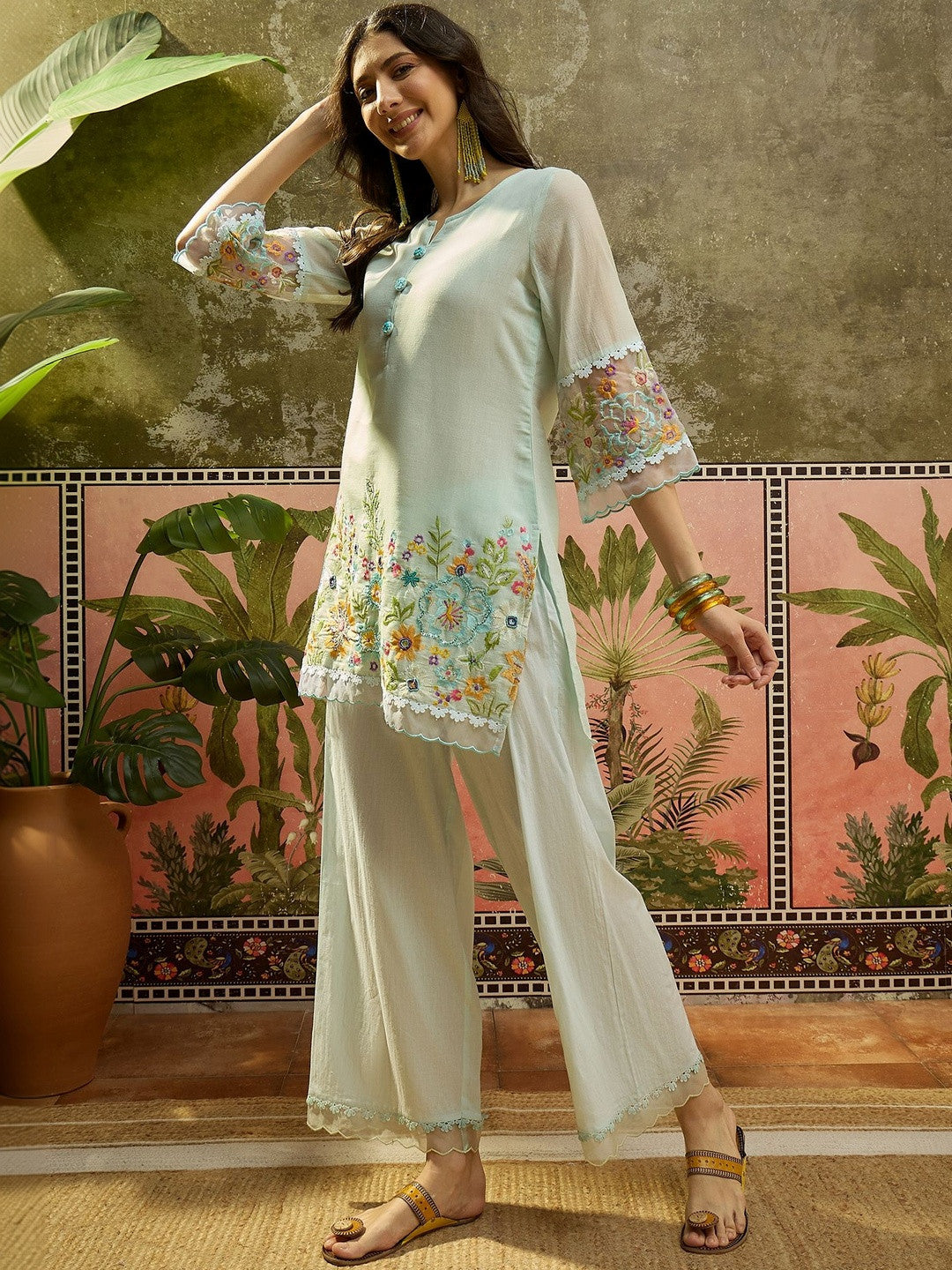 Embroidered Pure Cotton Round Neck Kurti & Trousers