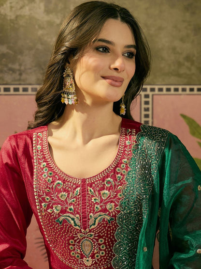Dhiyona SN Embroidered A-Line Kurta With Palazzo & Dupatta