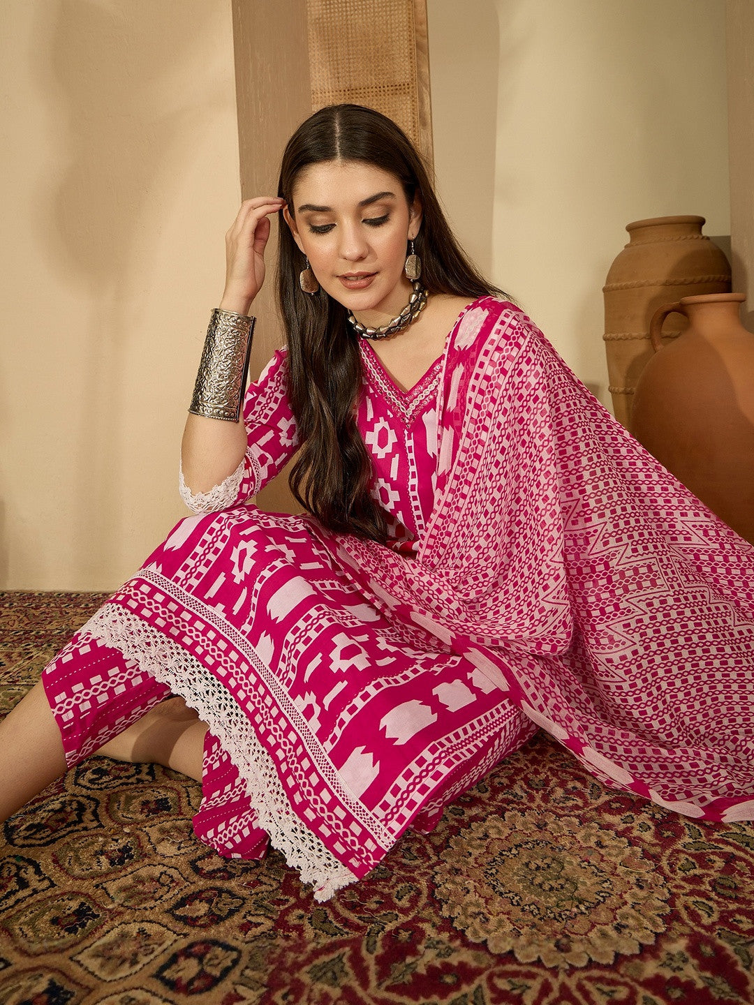 Women Printed Regular Mirror Work Kurta Set