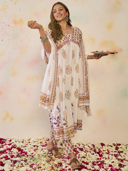 Women Ethnic Motifs Printed Empire Mirror Work Pure Cotton Kurta with Trousers & With Dupatta