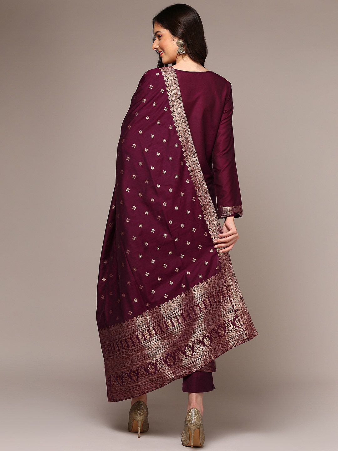 Dhiyona KL Floral Woven Design Zari Straight Kurta With Trousers & Dupatta