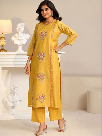Yellow Lotus Embroidered Chanderi Silk Straight Suit Set