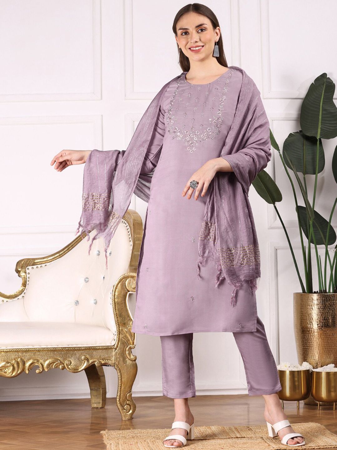 Dhiyona IS Women's Ethnic Motifs Embroidered Straight Thread Work Kurta with Trousers & Dupatta