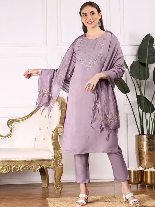 Dhiyona IS Women's Ethnic Motifs Embroidered Straight Thread Work Kurta with Trousers & Dupatta