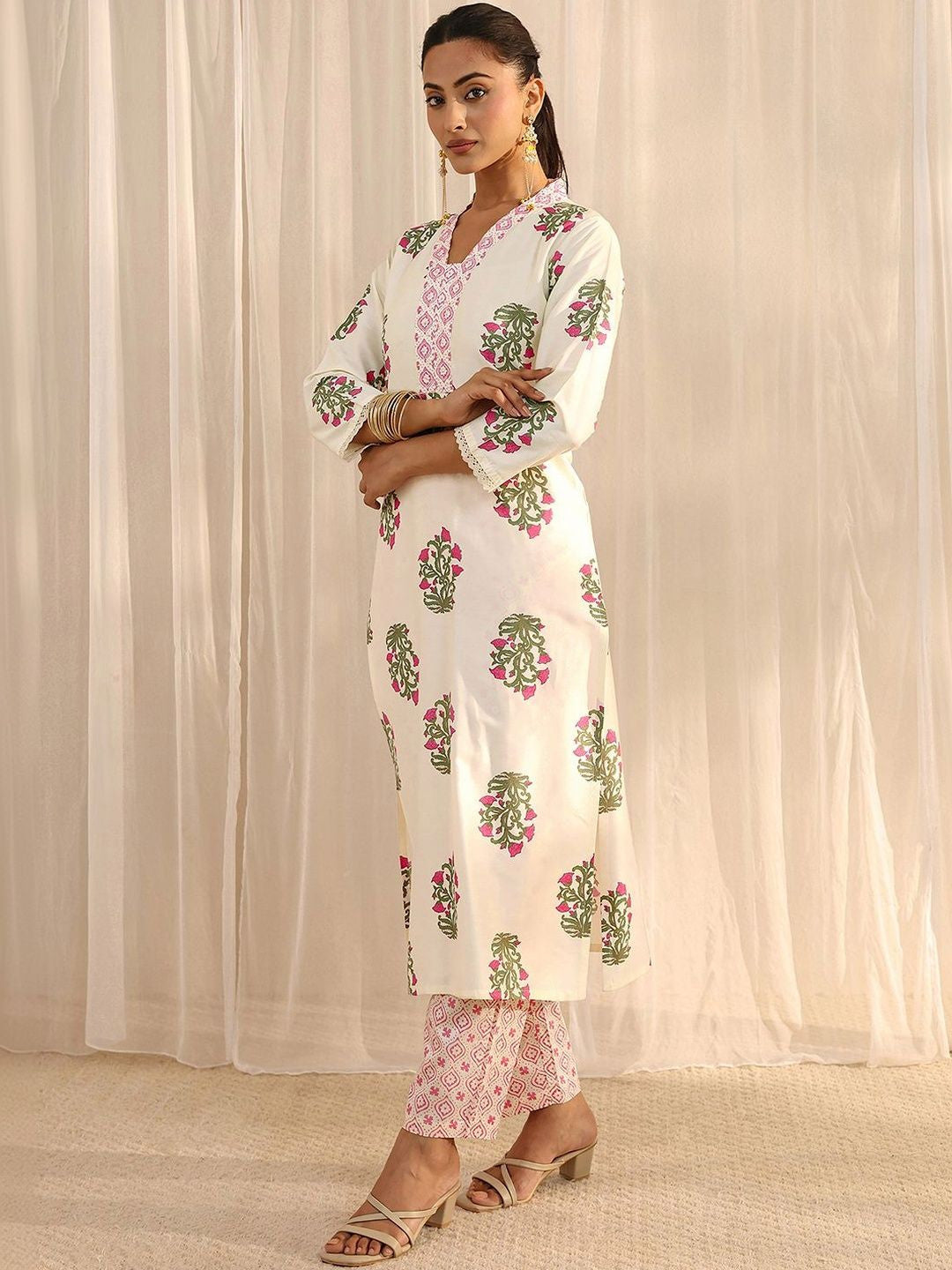 Off White Floral Printed Chanderi Silk Straight Suit Set with Dupatta