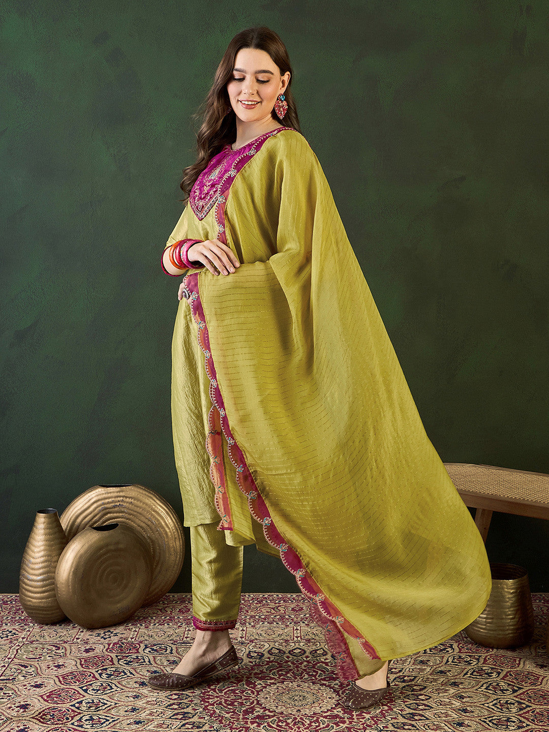 Floral Embroidered A-Line Kurta Trouser With Dupatta