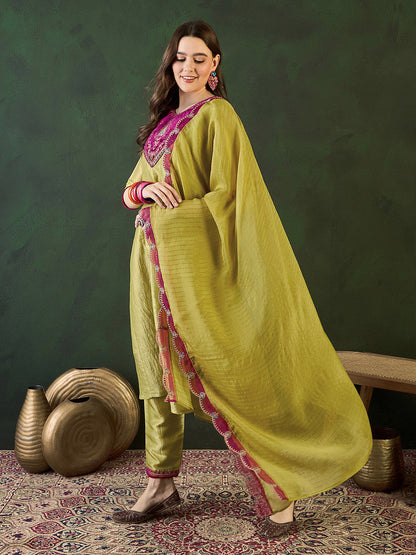 Floral Embroidered A-Line Kurta Trouser With Dupatta