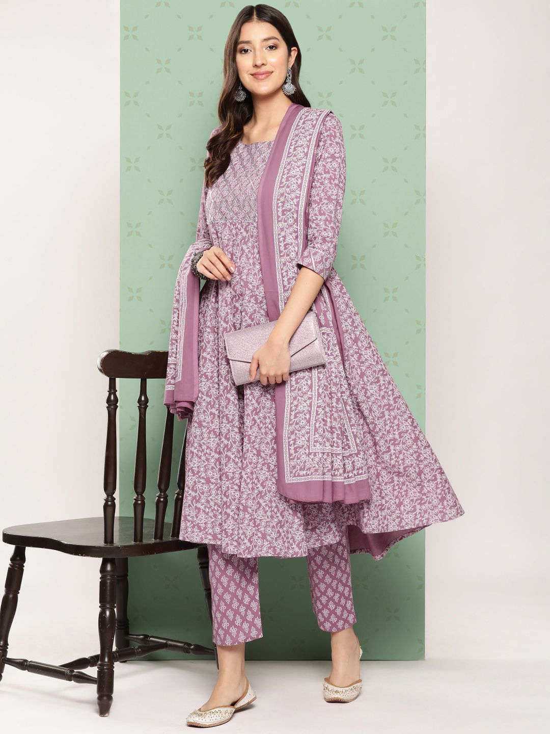 Dhiyona KL Women Ethnic Motifs Printed Empire Gotta Patti Kurta with Trousers & With Dupatta