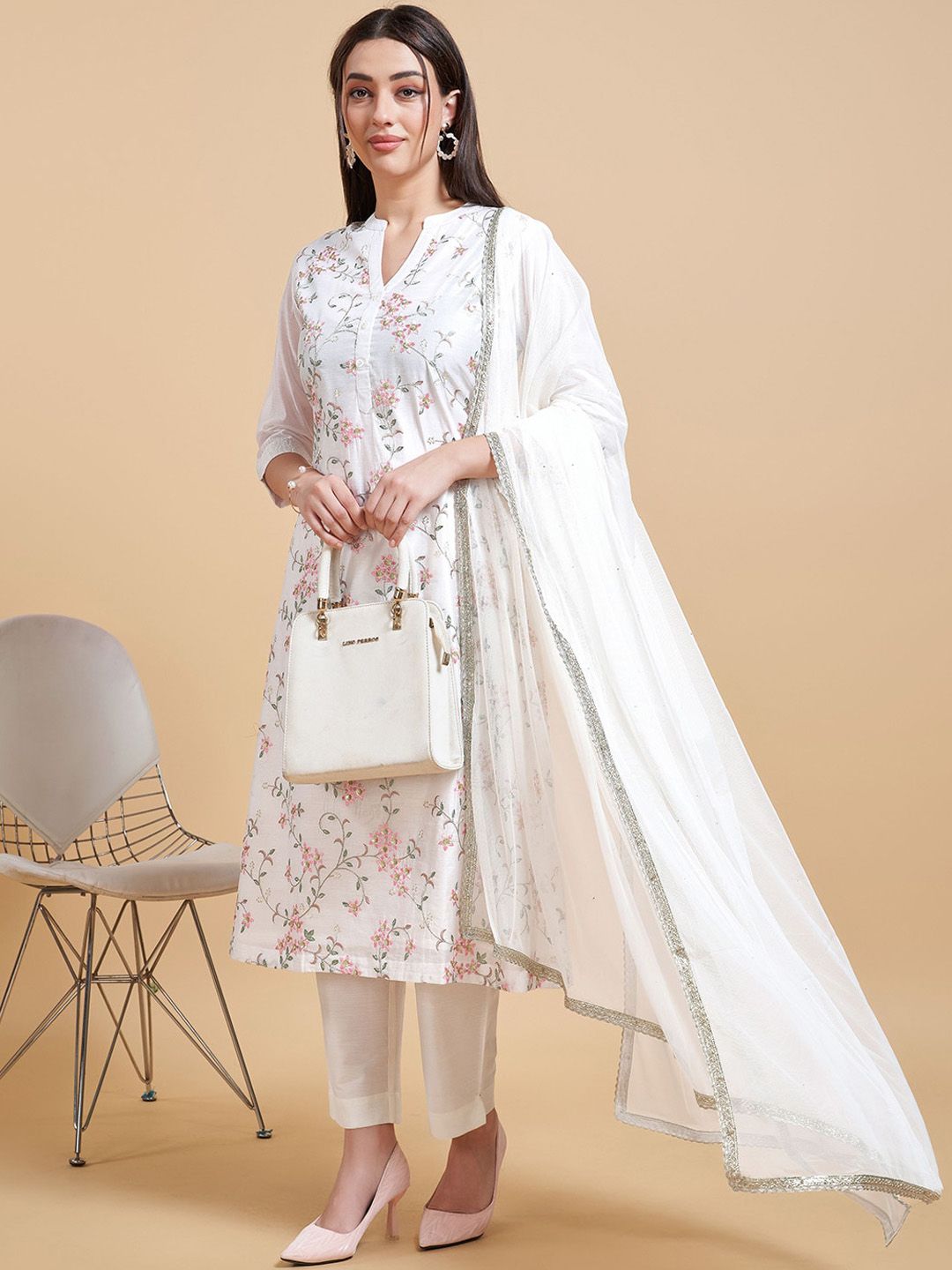 Dhiyona IS Women's Floral Embroidered A-Line Chanderi Silk Kurta with Trousers & Dupatta