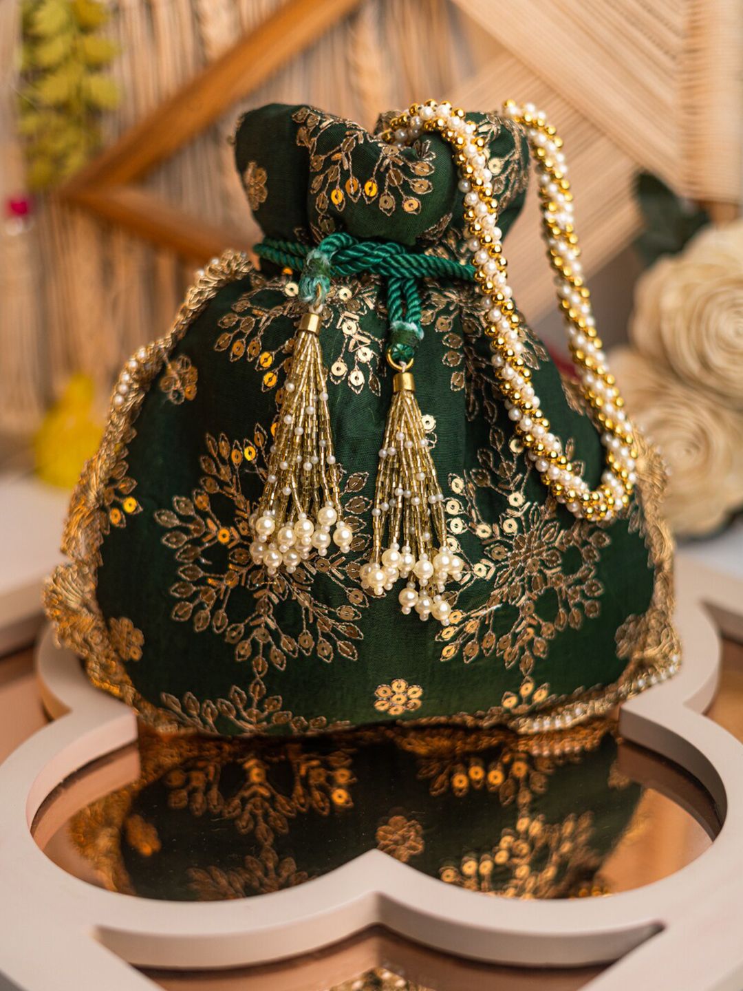 Dhiyona NR Green & Gold-Toned Embroidered Embroidered Potli Clutch