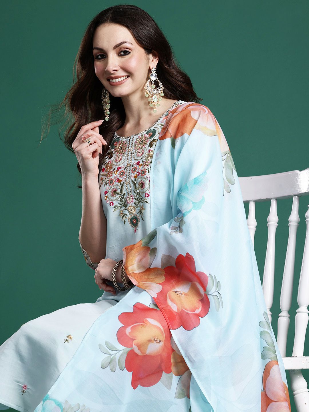 Dhiyona IE Ethnic Motifs Embroidered Thread Work Kurta with Trousers & With Dupatta